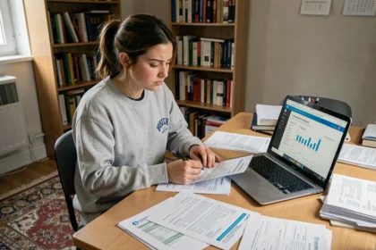 Jeune étudiante examinant des documents de prêt étudiant privé à son bureau dans un appartement modeste