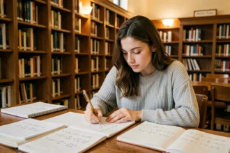 Étudiante résolvant un système d'inégalités mathématiques dans une bibliothèque universitaire