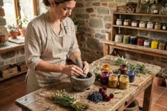 Femme artisane broyant des feuilles d'indigo séchées dans un mortier en pierre pour fabriquer de la peinture naturelle végétale