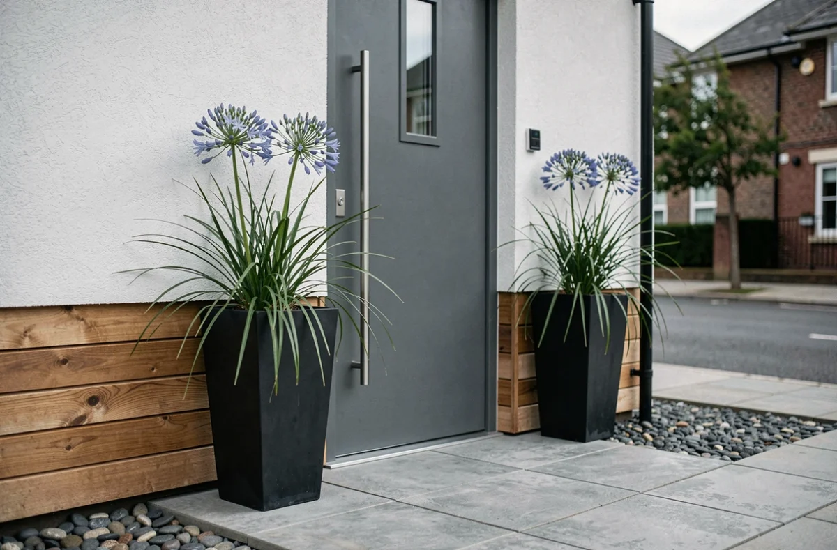 Entrée de maison moderne avec porte anthracite, jardinières noires et revêtement en bois pour une façade contemporaine