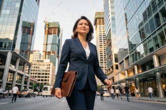 Femme d'affaires dans un quartier financier d'une métropole émergente d'Asie du Sud-Est, illustrant la croissance économique des pays émergents