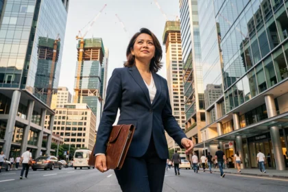 Femme d'affaires dans un quartier financier d'une métropole émergente d'Asie du Sud-Est, illustrant la croissance économique des pays émergents