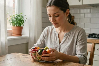 Femme mindful mangeant un bol de fruits pour réguler son appétit dans une cuisine lumineuse