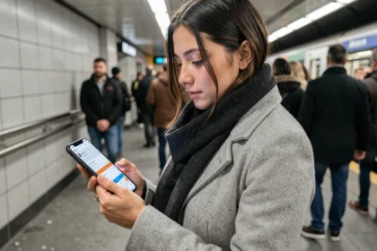 Jeune femme consultant une application de transport en commun sur son smartphone dans une station de métro moderne