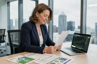 Femme cadre analysant des rapports ESG dans un bureau moderne avec vue sur la ville