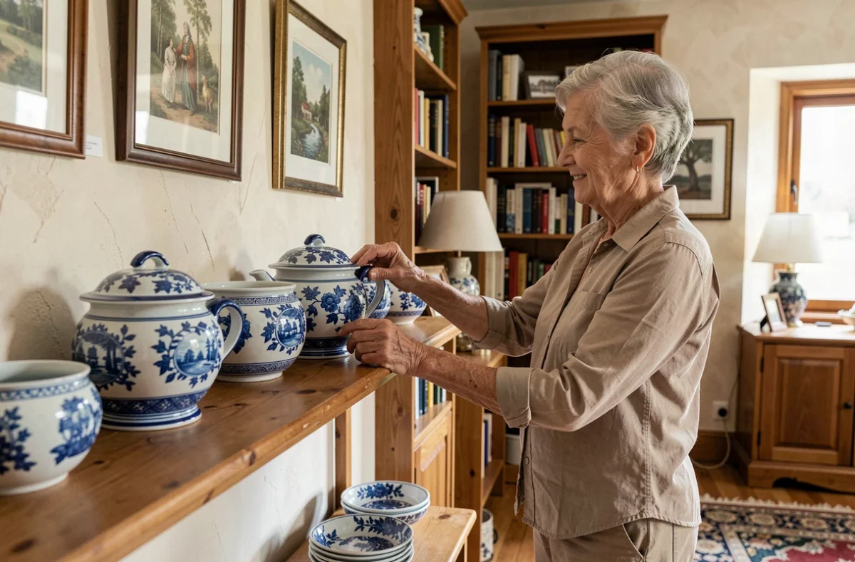 Femme âgée arrangeant des céramiques décoratives bleues et blanches sur une étagère dans un intérieur chaleureux