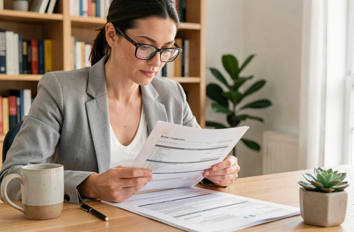 Femme étudiant attentivement un contrat de prêt immobilier à son bureau à domicile