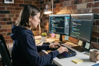 Jeune femme développeuse en cybersécurité travaillant sur plusieurs écrans avec du code en terminal dans un bureau moderne