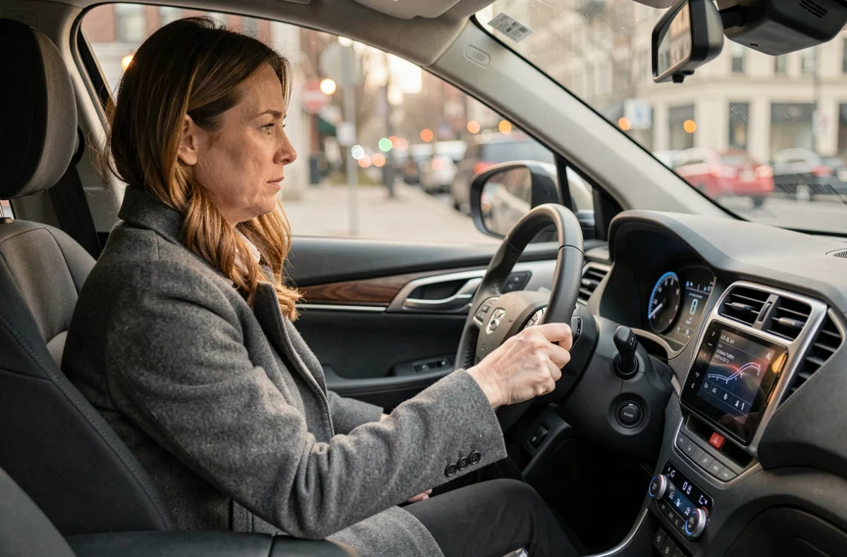 Femme démarrant une voiture hybride depuis le siège conducteur avec tableau de bord allumé