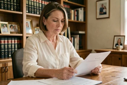 Femme adulte consultant des documents officiels d'adoption à son bureau à domicile, illustrant les démarches juridiques de l'adoption simple ou plénière