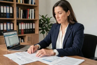 Femme professionnelle consultant des documents fiscaux relatifs aux revenus étrangers dans un bureau à domicile