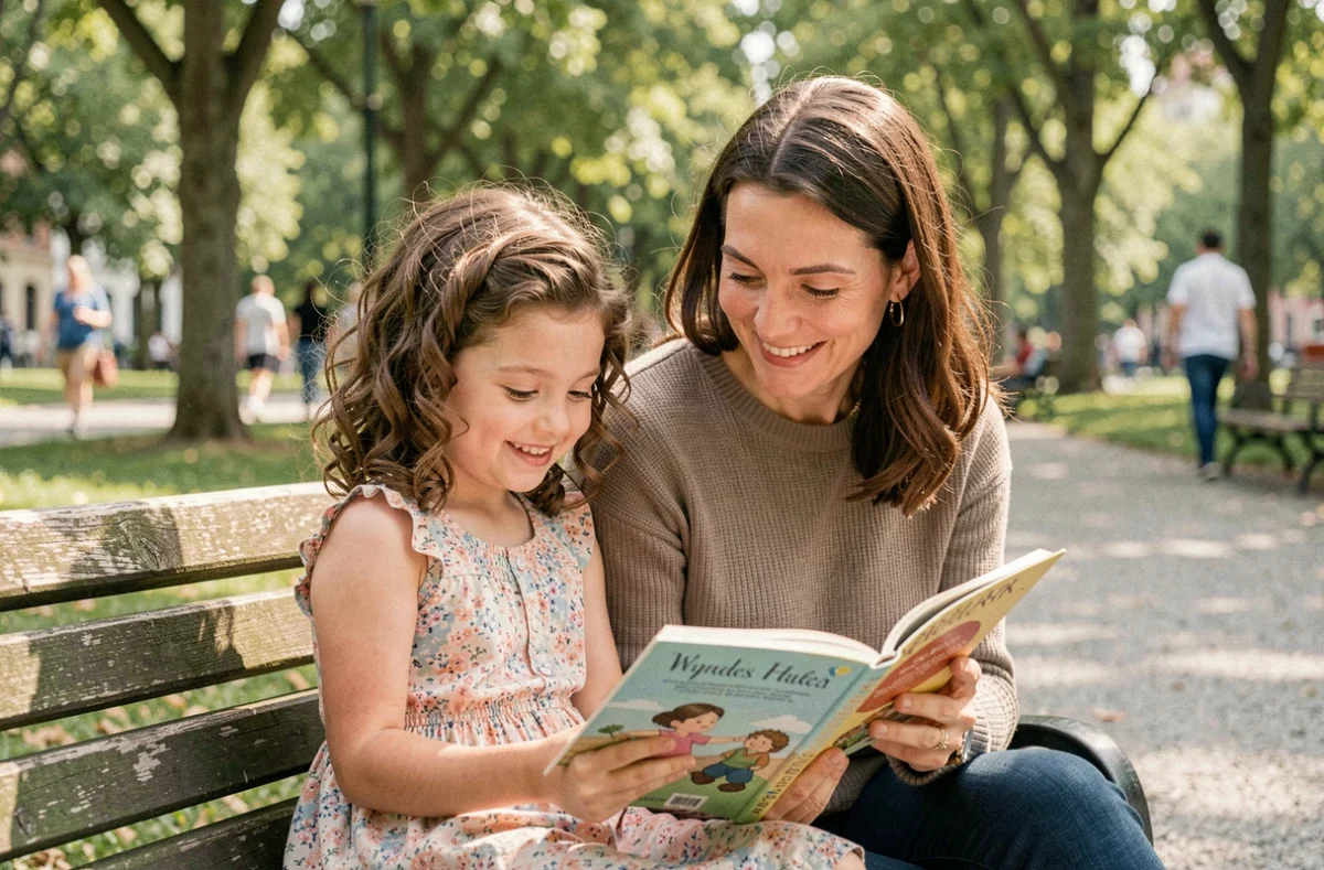 Femme et jeune fille partageant un moment complice sur un banc de parc, symbolisant le lien familial dans le contexte de l'adoption