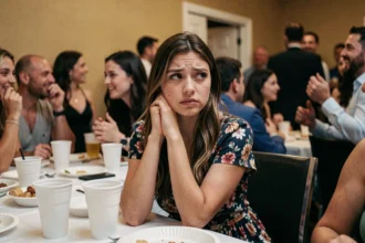 Jeune femme qui s'ennuie lors d'une fête, assise seule à une table animée avec une expression lasse et pensive