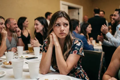Jeune femme qui s'ennuie lors d'une fête, assise seule à une table animée avec une expression lasse et pensive