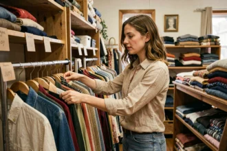 Femme parcourant un portant de vêtements d'occasion dans une friperie vintage, illustrant l'achat de seconde main écoresponsable