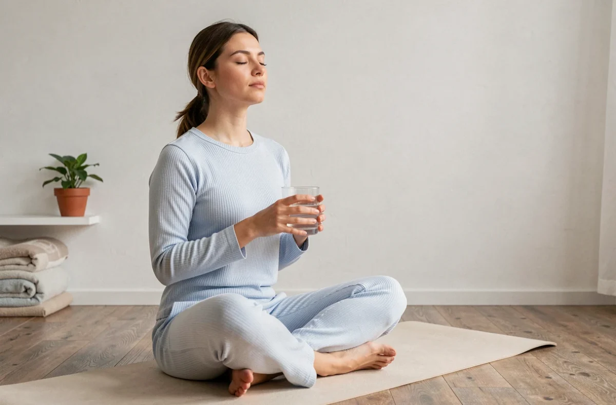 Jeune femme buvant de l'eau et pratiquant la pleine conscience pour réduire les envies de manger