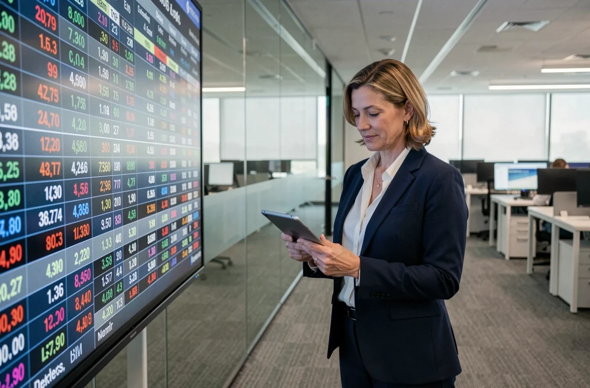 Femme investisseuse analysant les marchés financiers sur tablette dans une salle de trading moderne en contexte déflationniste
