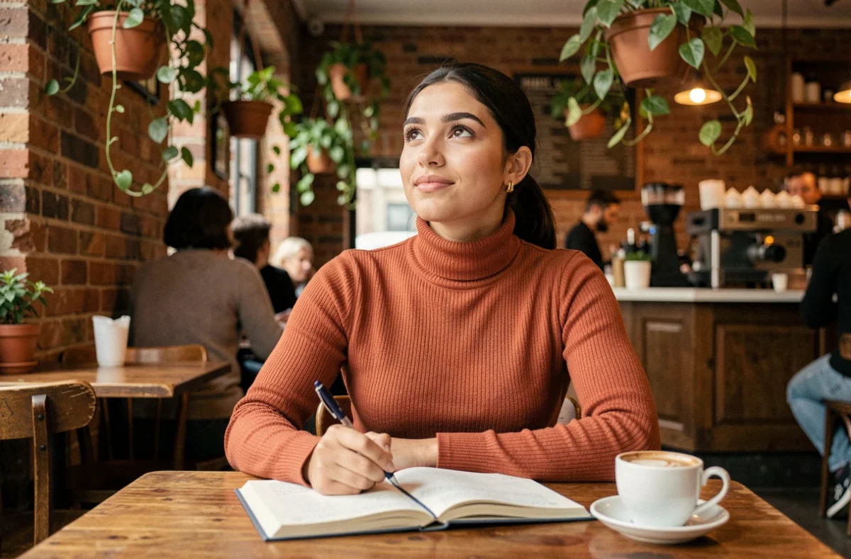 Jeune femme écrivant dans un journal personnel dans un café pour développer sa résilience