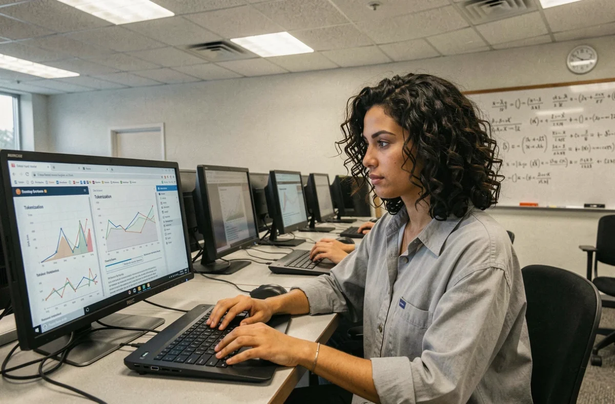 Femme travaillant sur un ordinateur portable dans un laboratoire universitaire, explorant le fonctionnement des grands modèles de langage et de l'intelligence artificielle