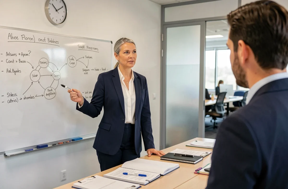 Femme cadre présentant une stratégie au tableau blanc dans une salle de réunion, symbole du leadership féminin en entreprise