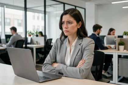 Femme mal à l'aise au travail assise seule dans un open space, bras croisés, regard absent