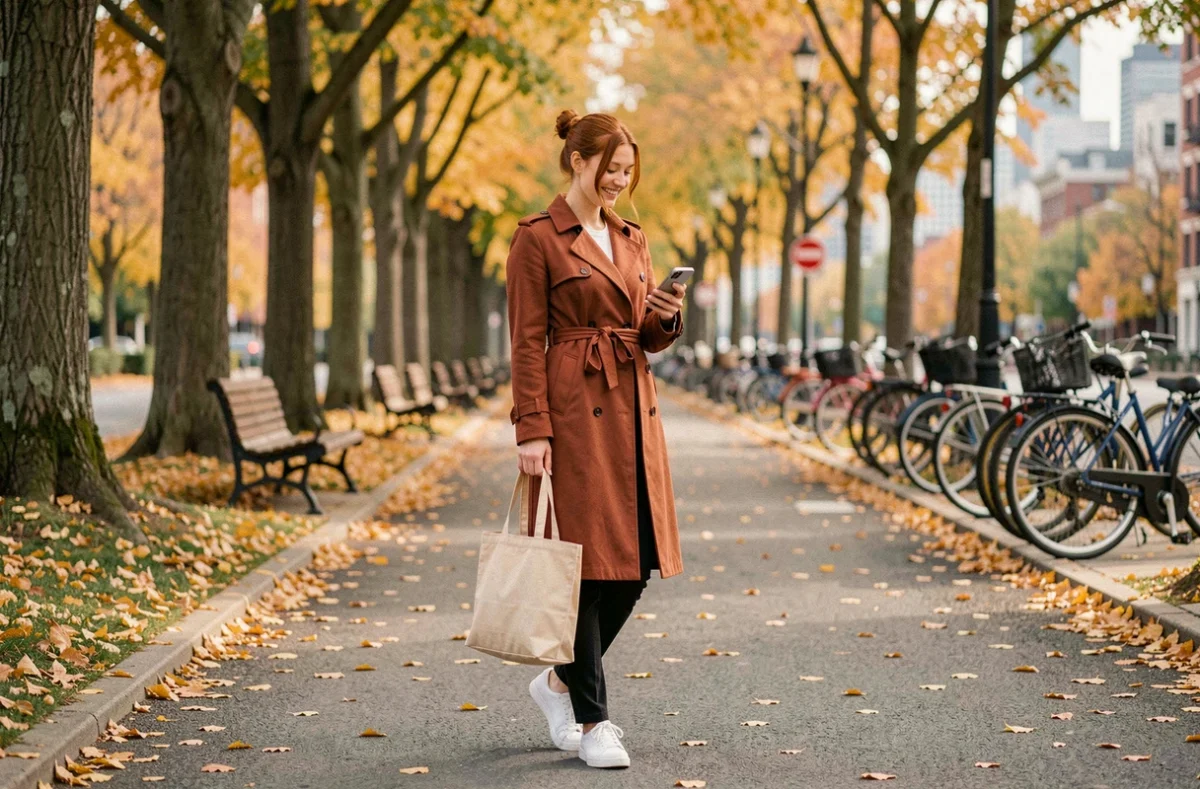 Jeune femme marchant dans une avenue urbaine arborée en automne, mode de vie sans voiture et mobilité douce