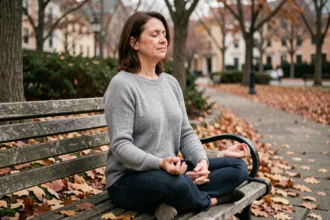 Femme en pleine méditation assise dans un parc en automne, illustrant les facteurs de résilience émotionnelle
