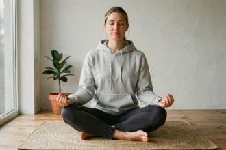 Femme pratiquant la méditation de pleine conscience assise en tailleur sur un parquet en bois dans un intérieur minimaliste scandinave
