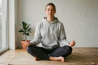 Femme pratiquant la méditation de pleine conscience assise en tailleur sur un parquet en bois dans un intérieur minimaliste scandinave