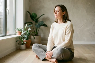 Femme pratiquant la méditation chez elle pour renforcer sa résilience émotionnelle