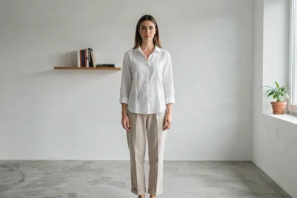 Femme minimaliste dans un appartement épuré avec décoration simple et murs blancs