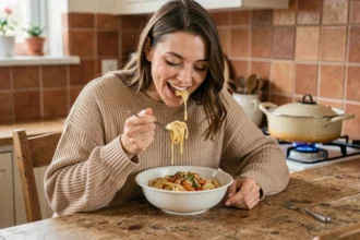 Jeune femme mangeant un plat de pâtes à table dans une cuisine rustique, illustrant l'expression familière bouffer