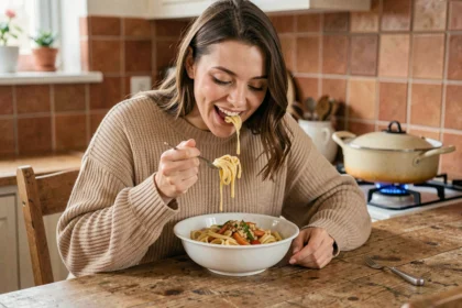 Jeune femme mangeant un plat de pâtes à table dans une cuisine rustique, illustrant l'expression familière bouffer