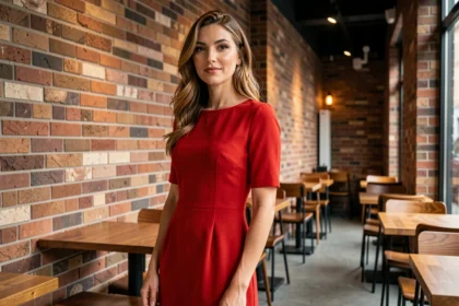 Femme portant une robe rouge dans un café moderne, couleur rouge qui attire le regard des hommes