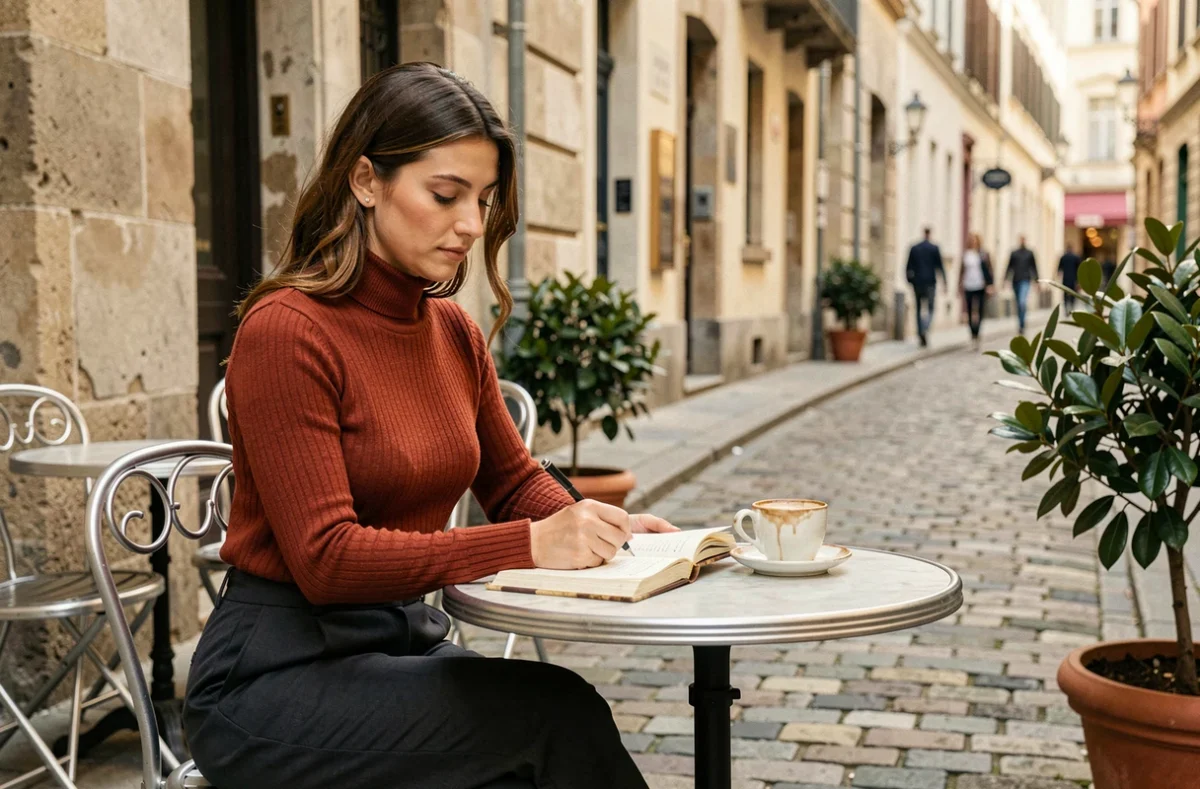 Jeune femme seule écrivant dans un journal dans un café parisien, symbolisant l'épanouissement personnel et le bonheur sans les autres