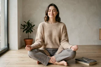 Femme seule et épanouie méditant dans un appartement minimaliste, illustrant le bonheur personnel et la sérénité intérieure