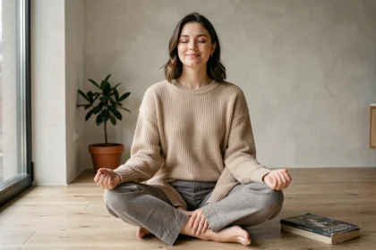 Femme seule et épanouie méditant dans un appartement minimaliste, illustrant le bonheur personnel et la sérénité intérieure