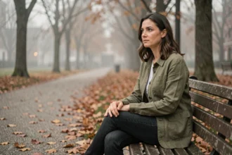 Femme seule assise sur un banc de parc en automne, regard perdu dans le vide, illustrant le sentiment de vide intérieur