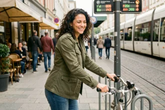 Femme attachant son vélo en ville, alternative à la voiture dans un environnement urbain animé