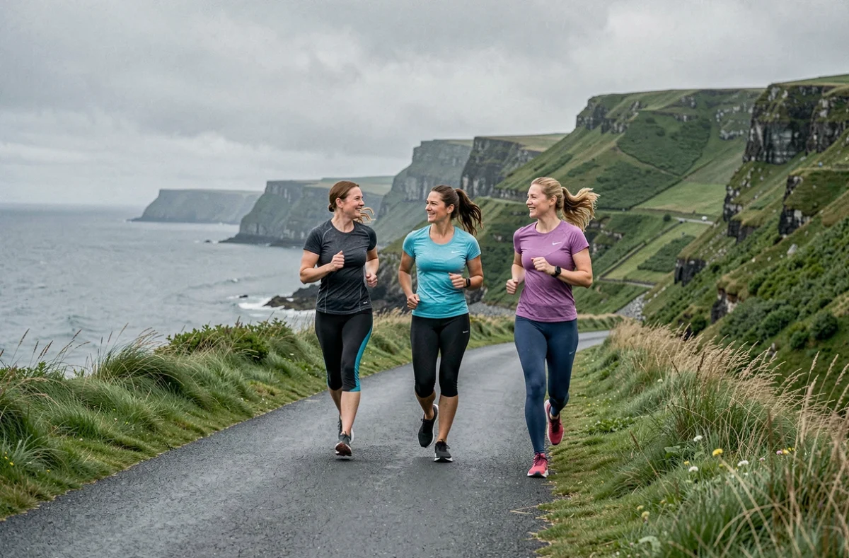 Femmes actives faisant du jogging sur un sentier côtier verdoyant en Europe du Nord