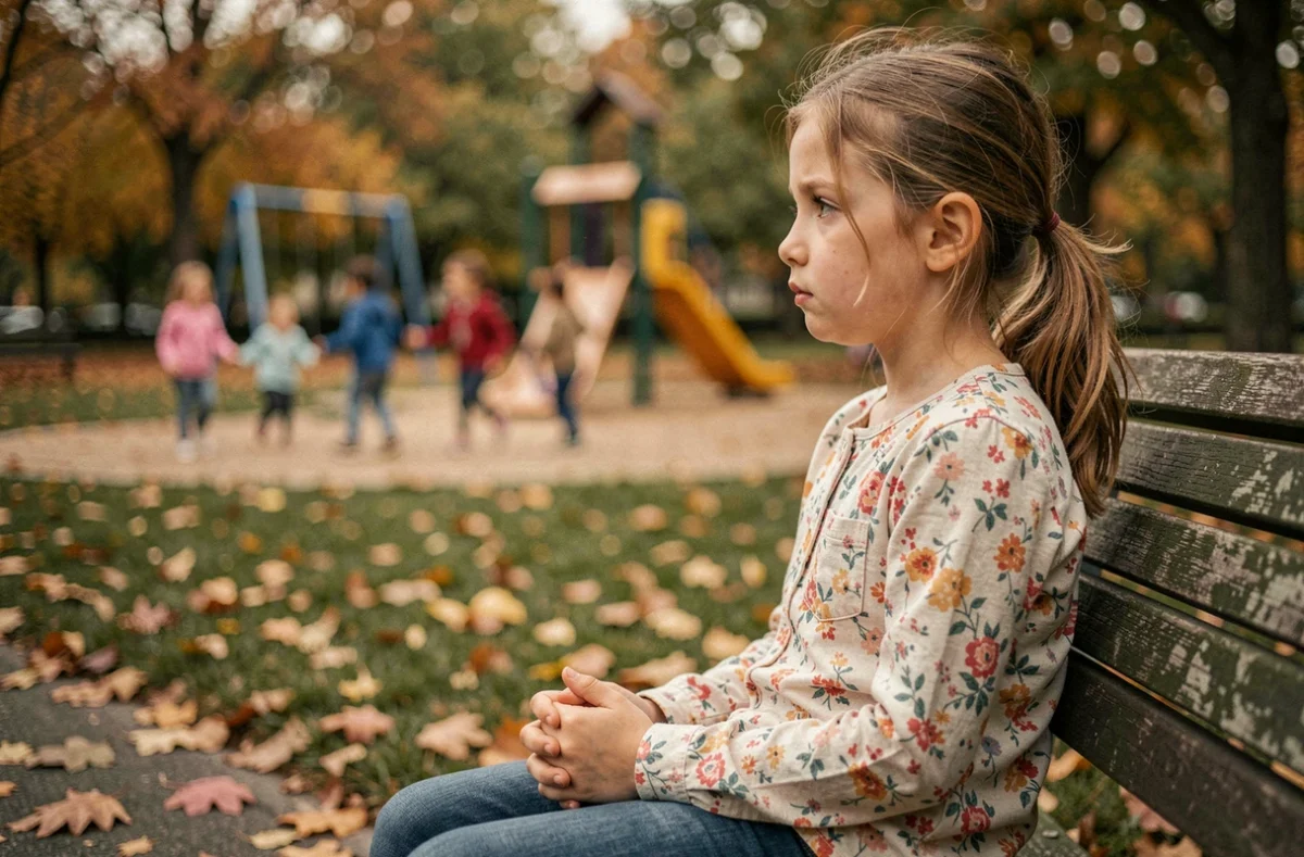 Fillette assise seule sur un banc de parc, regard absent tandis que d'autres enfants jouent en arrière-plan, signe possible de dépression infantile