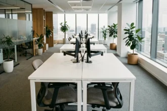 Rangée de flex desks dans un open space moderne avec stations d'accueil et fauteuils ergonomiques