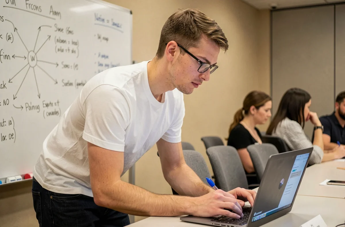 Jeune homme en formation en cybersécurité dans une salle de conférence professionnelle avec un tableau blanc de diagrammes réseau
