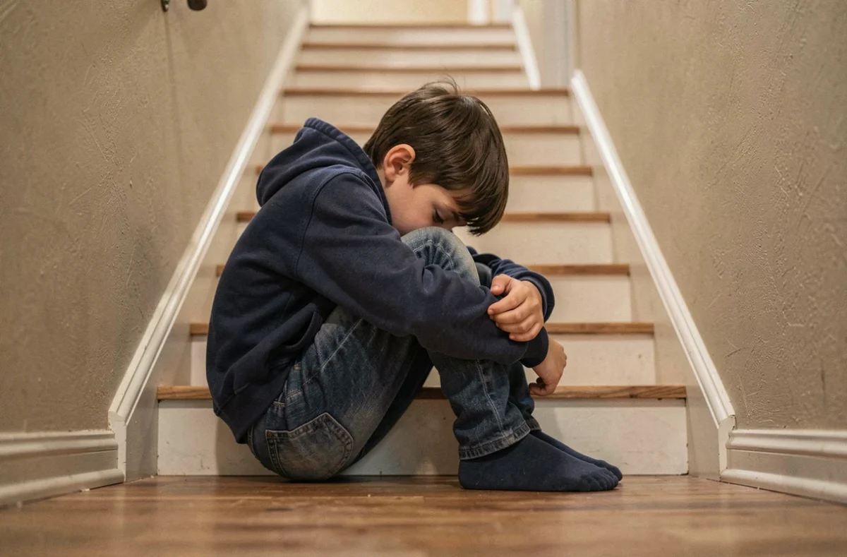 Garçon replié sur lui-même assis dans un couloir à la maison, posture fermée évoquant la tristesse et le repli chez un enfant dépressif