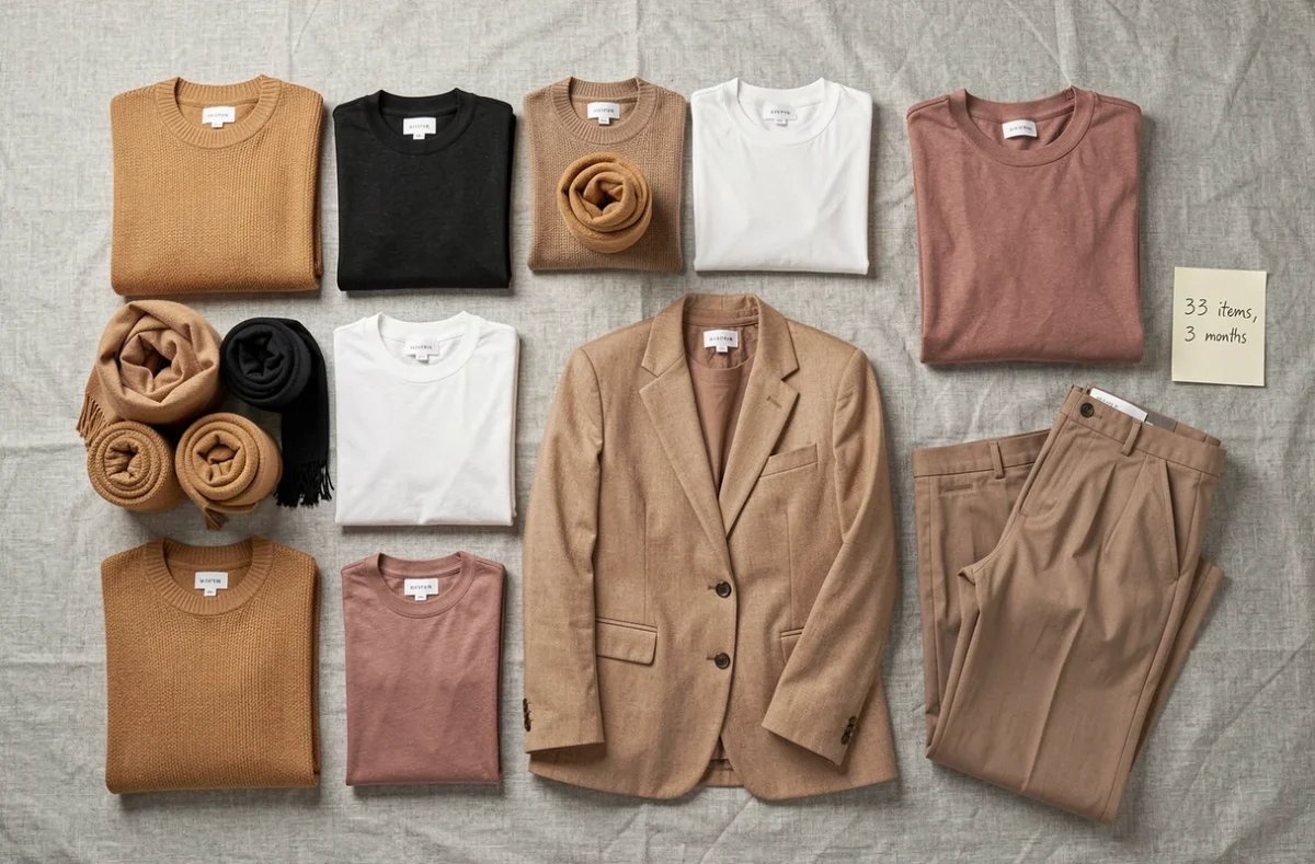 Flat lay de 33 vêtements soigneusement disposés représentant une garde-robe capsule pour la méthode 333
