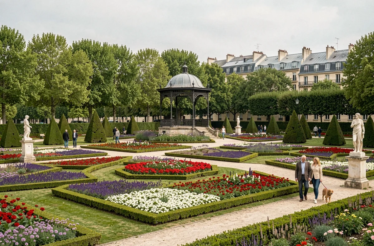 Vue panoramique d'un grand jardin formel parisien avec des parterres géométriques fleuris, un kiosque historique et des visiteurs se promenant parmi les ifs taillés