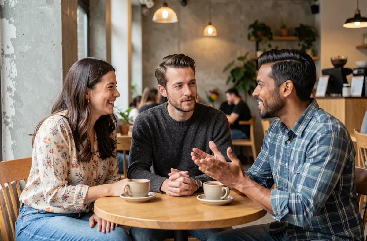 Groupe de trois adultes en conversation bienveillante dans un café, illustrant le soutien social comme facteur de résilience