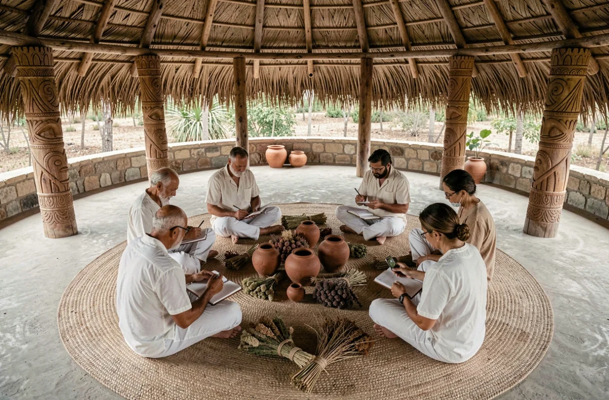 Groupe de participants en cercle se préparant silencieusement avant une cérémonie ayahuasca dans une maloca traditionnelle