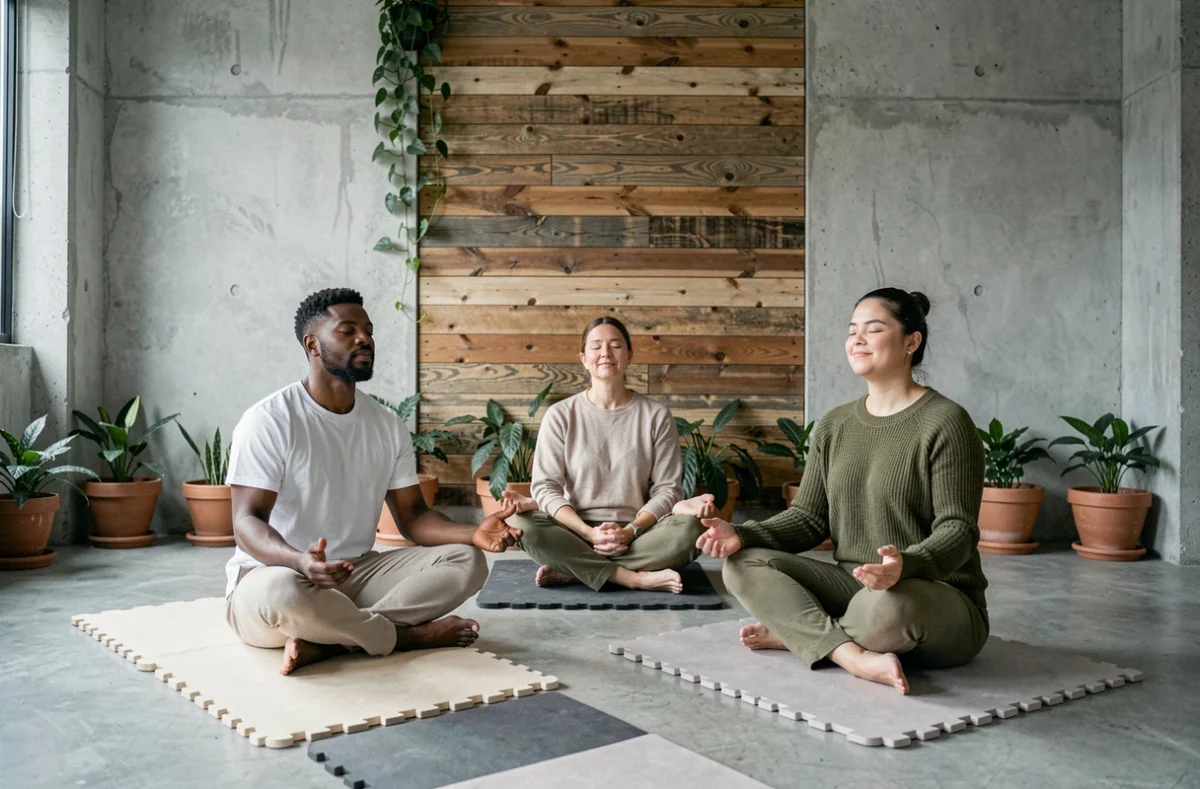 Groupe de personnes pratiquant une séance de méditation de pleine conscience dans un studio de bien-être minimaliste aux murs en béton