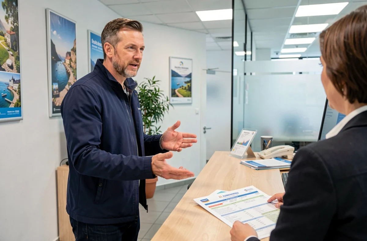 Homme discutant avec un conseiller en agence de voyage pour trouver une solution de financement pour son billet d'avion